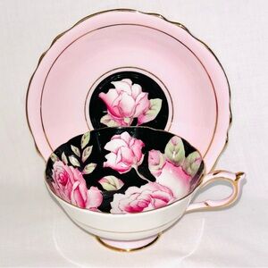 Vintage Double Paragon Cabbage Rose Pink & Black Cup Saucer Teacup England